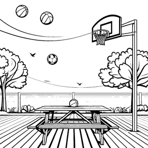 Spritzige Bälle im Basketballpark Ausmalbild für kleine Sportler