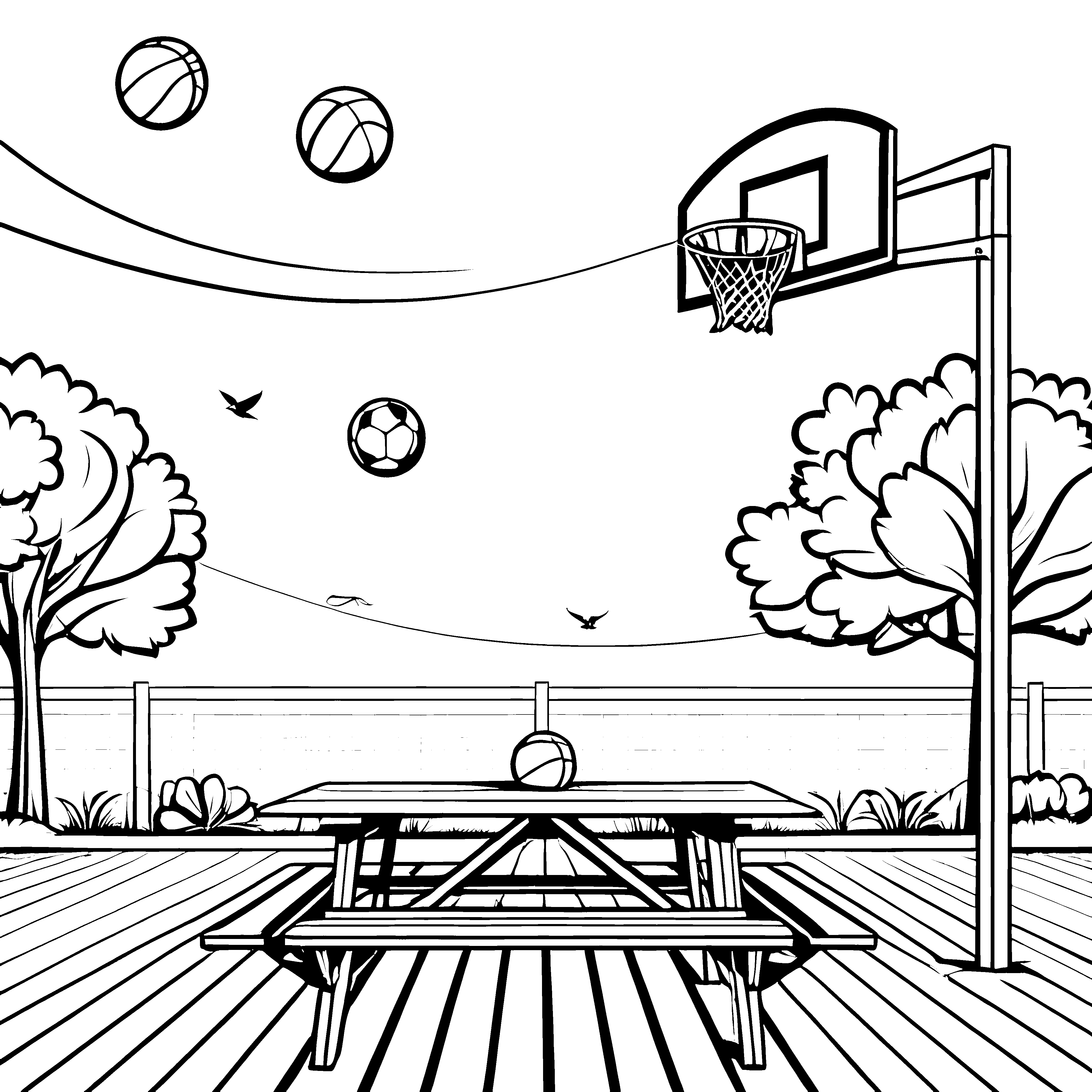 Spritzige Bälle im Basketballpark Ausmalbild für kleine Sportler