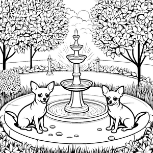 Zwei neugierige Chihuahuas am magischen Brunnen Ausmalvorlage für kreative Tierfreunde