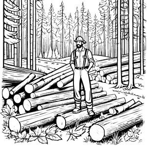 Selbstbewusster Förster zwischen Holzstapeln Ausmalbild für naturverbundene Entdecker