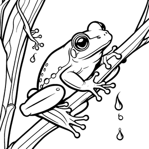 Lebendige Frösche auf einem eleganten Zweig Ausmalvorlage für kleine Naturliebhaber