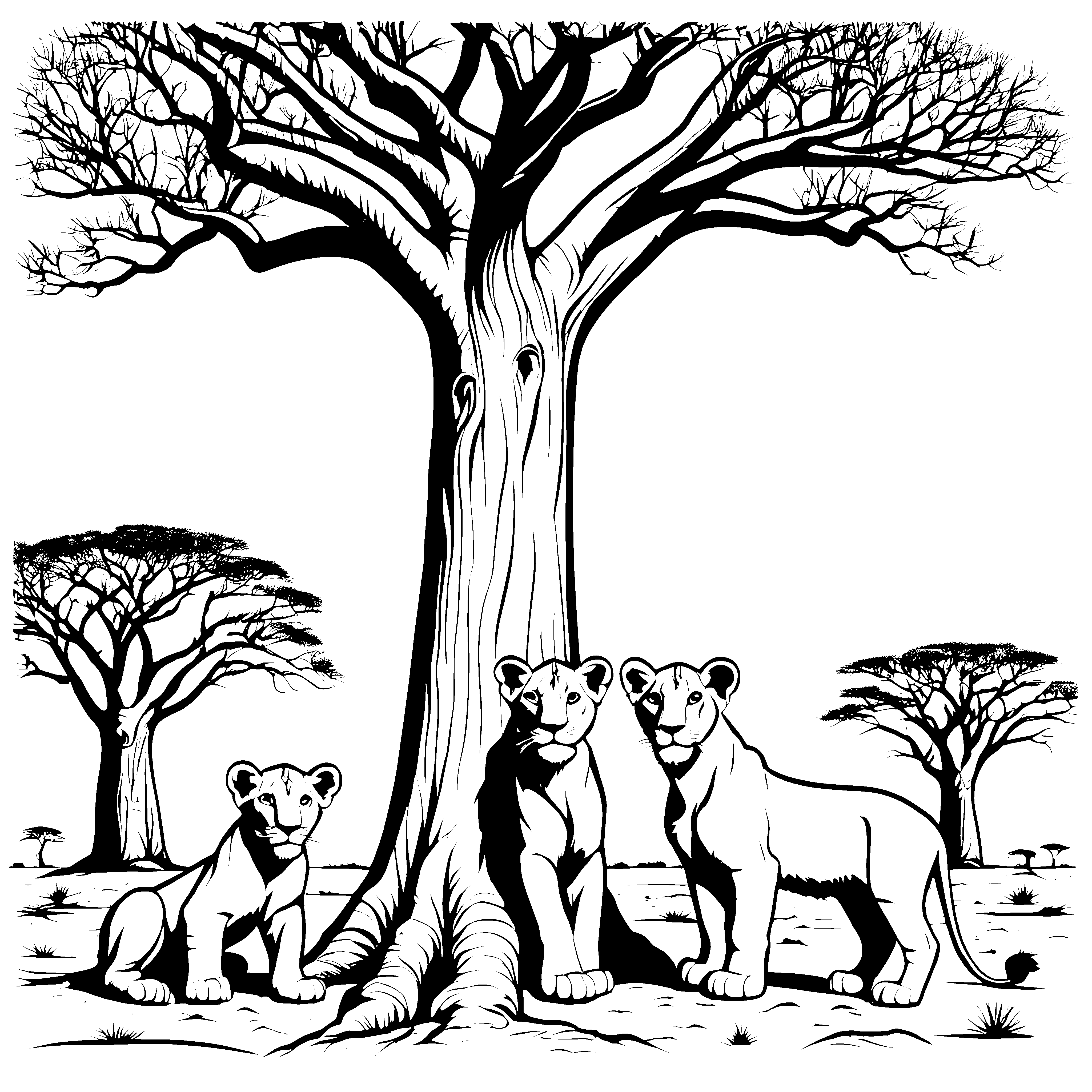 Drei neugierige Löwenbabys vor einem mächtigen Baum Ausmalbild für kleine Abenteurer