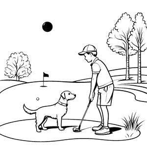 Golfer mit treuem Hund auf dem Grün Malvorlage für abenteuerlustige Sportfreunde