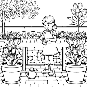 Fröhliche Blumenpflege im bunten Garten Malvorlage für kleine Naturfreunde