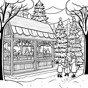Bezaubernder Weihnachtsmarkt mit festlichen Ständen Ausmalbild für neugierige Weihnachtsfreunde