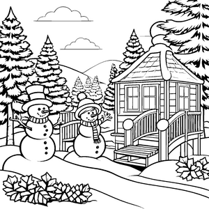 Fröhliche Schneemänner vor gemütlicher Hütte Ausmalbild für zauberhafte Winterfreunde