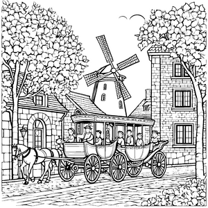 Historische Kutsche vor malerischer Windmühle Ausmalmotiv für kleine Entdecker