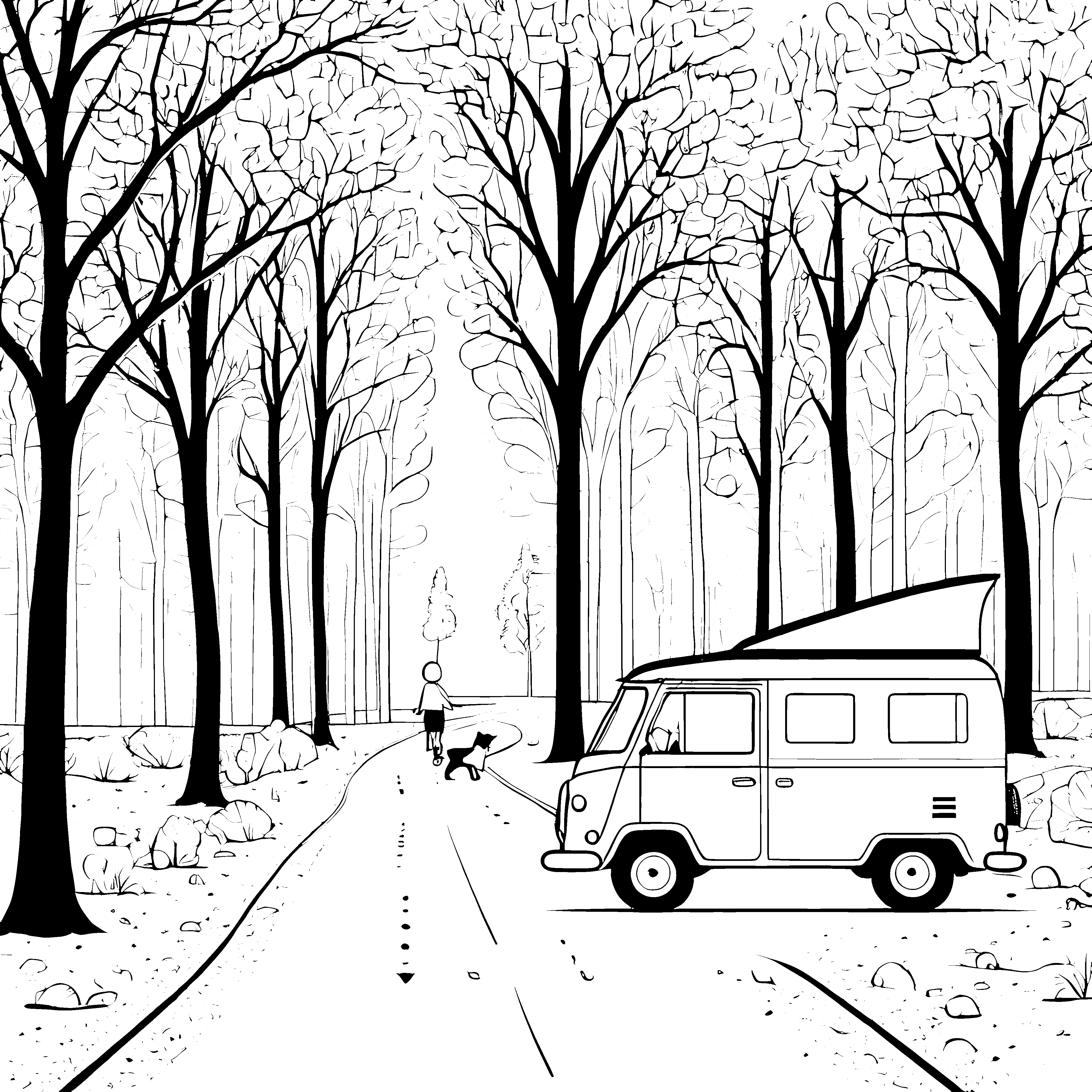 Abenteuerlicher Wohnwagen auf malerischem Waldweg Ausmalvorlage für neugierige Entdecker
