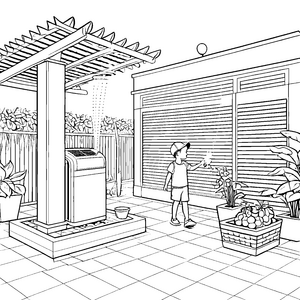 Kreatives Klimagerät im Garten mit blühenden Pflanzen Ausmalbild für kleine Erfinder