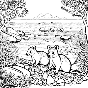 Verspielte Quokka Babys entdecken den zauberhaften Strand Ausmalvorlage für neugierige Entdecker