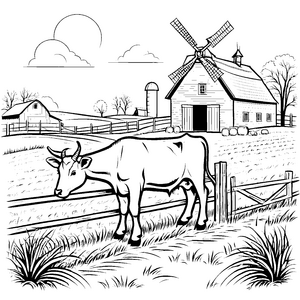 Bauernhof mit freundlicher Kuh und Windrad Ausmalmotiv für neugierige kleine Forscher