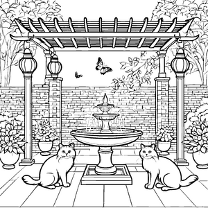 Bezaubernde Perserkatzen am sprudelnden Brunnen Ausmalvorlage für neugierige Katzenliebhaber
