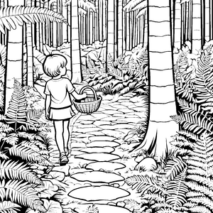 Faszinierender Waldspaziergang mit üppigen Farnen Ausmalbild für neugierige Naturentdecker