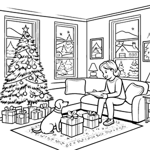 Frohe Weihnachten mit Geschenken und Hund Malvorlage für kleine Festtagsfreunde