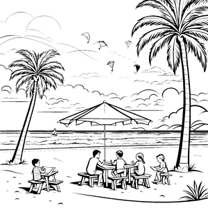 Bunter Sonnenschirm am Strand mit spielenden Kindern Ausmalmotiv für abenteuerliche Entdecker