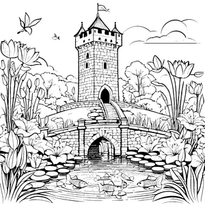 Bezaubernde Burg mit blühendem Garten Ausmalvorlage für kreative Abenteurer
