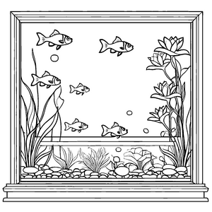 Fröhliche Goldfische im bunten Aquarium Ausmalvorlage für kleine Wasserentdecker