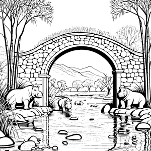 Fröhliche Flusspferde unter malerischer Brücke Malvorlage für kleine Entdecker