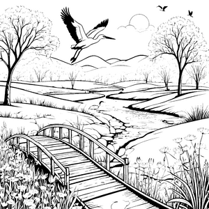 Schwebender Storch über malerischer Landschaft Ausmalmotiv für kleine Abenteurer