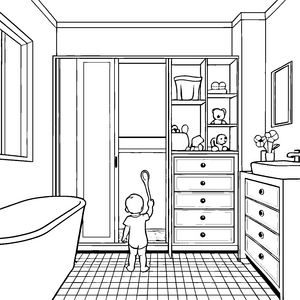 Badezimmerschrank mit bunten Spielsachen und freudigem Kleinkind Ausmalvorlage für kleine Entdecker