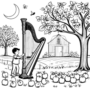 Magische Harfe unter bunt blühendem Baum Ausmalmotiv für fantasievolle Musiker