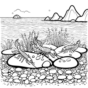 Fascinierende Garnelen beim Spiel im Wasser Ausmalbild für neugierige Meeresfreunde