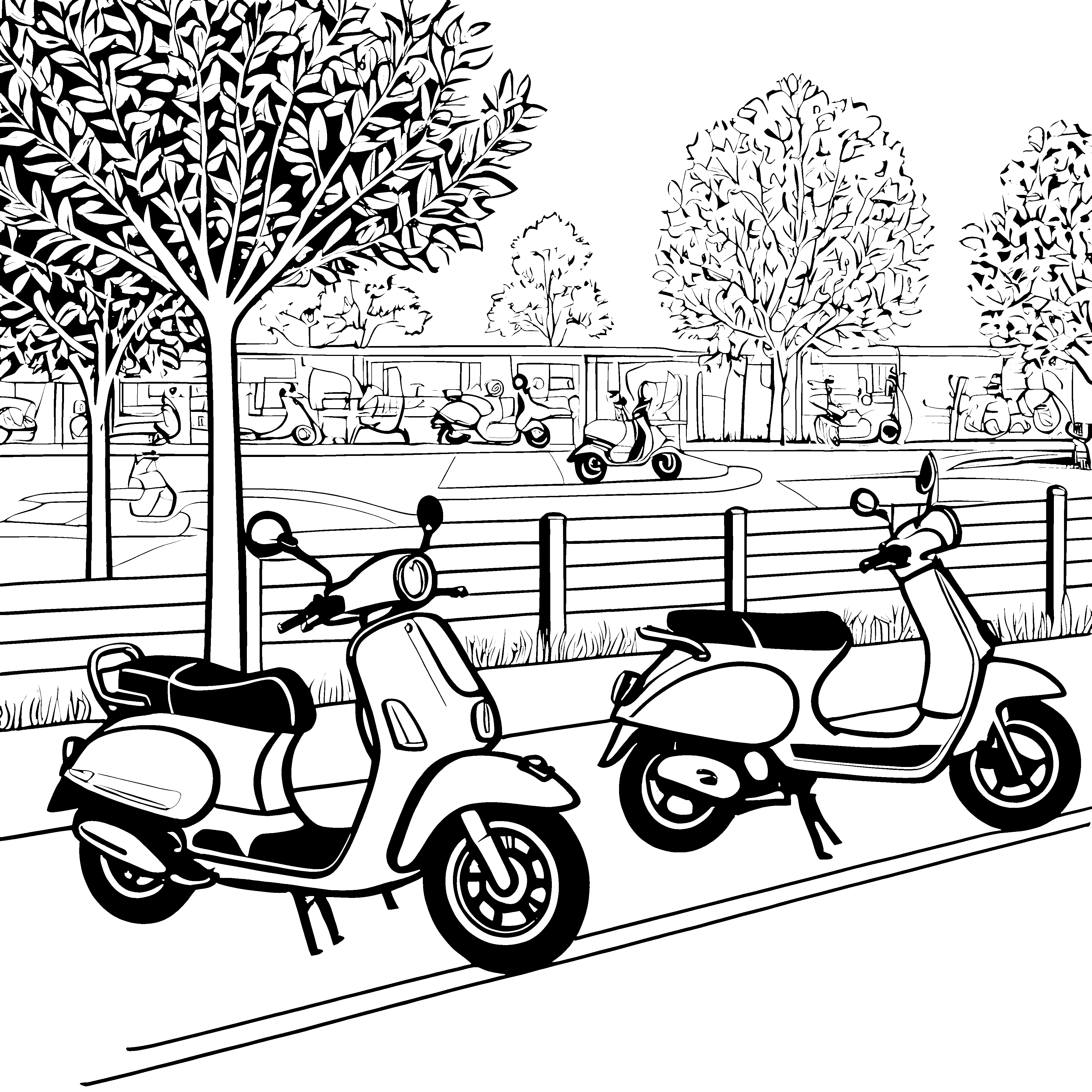 Bezaubernde Mopeds in blühender Parklandschaft Ausmalvorlage für junge Fahrzeugfans