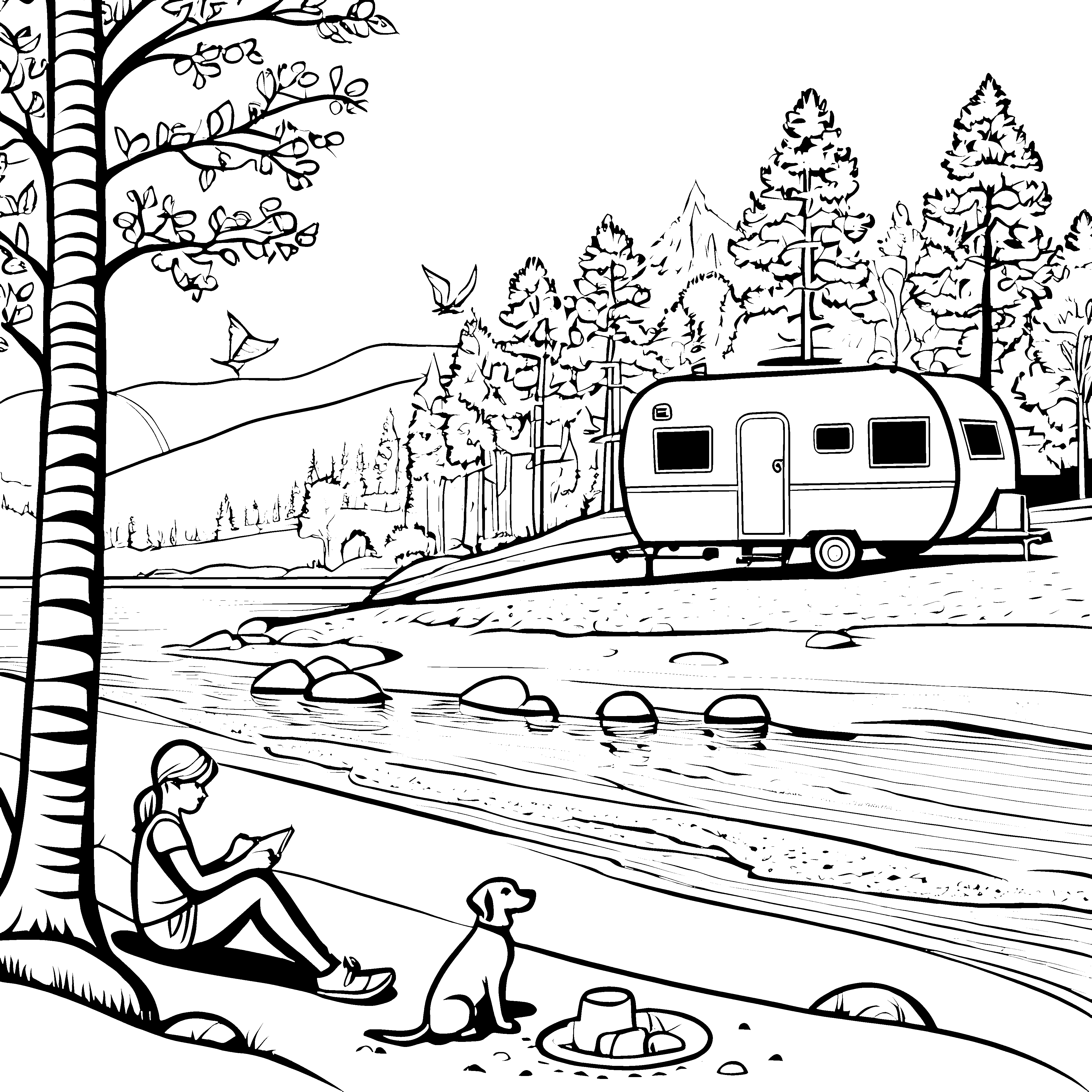Gemütlicher Wohnwagen am glitzernden Fluss Malvorlage für abenteuerlustige kleine Reisefreunde