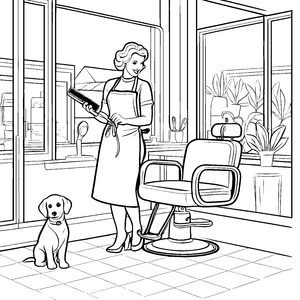 Frisierfreundliche Friseurin mit fröhlichem Hund Ausmalbild für kreative Haarspezialisten