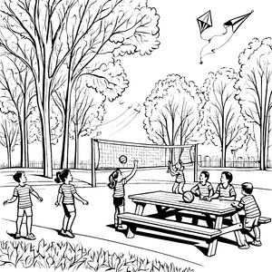 Aktive Volleyballspielende Kinder im Park Malvorlage für energiegeladene Sportler