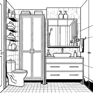 Moderne Badezimmerschränke mit stilvollem Design Ausmalvorlage für kreative Raumerforscher