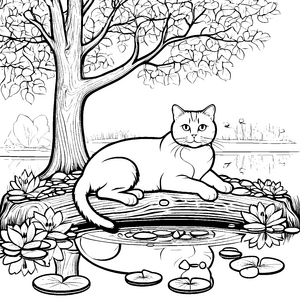 Gemütliche Britisch Kurzhaar Katze am Teich Ausmalvorlage für kreative Naturentdecker