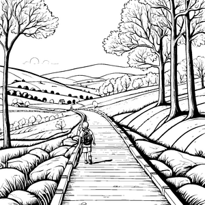 Entspannende Wanderung auf malerischer Landstraße Ausmalbild für kleine Abenteurer
