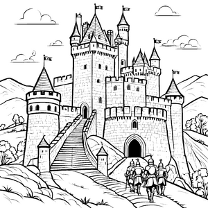 Majestätische Burg mit mutigen Rittern Ausmalbild für tapfere Entdecker