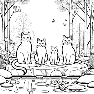 Schmusekatzen am ruhigen Teich Ausmalvorlage für tierliebe Entdecker