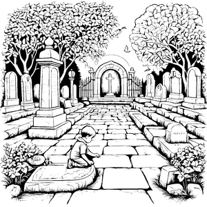 Ruhiger Junge beim Gedenken auf dem Friedhof Ausmalbild für nachdenkliche Entdecker