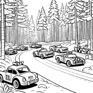 Kreatives Wettrennen zwischen bunten Rennwagen Ausmalbild für flinke Straßenkünstler