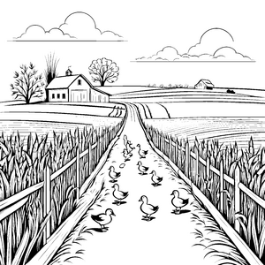 Fröhliche Enten beim Spaziergang auf dem Feld Ausmalmotiv für kleine Entdecker