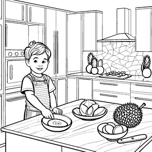 Durian-Entdeckung in der bunten Küche Ausmalbild für neugierige Jungköche