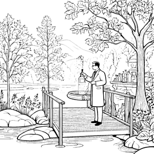 Wissenschaftlicher Apotheker am blühenden Teich Ausmalvorlage für neugierige Nachwuchs-Forscher