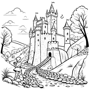 Zauberhafte Burg mit geheimnisvollem Wasserlauf Ausmalbild für kleine Abenteuerfans