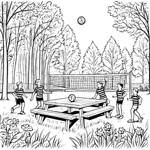 Spaßiger Volleyball-Tag mit Freunden Ausmalbild für aktive Entdecker
