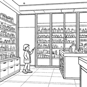 Kreative Apotheke mit vielen bunten Fläschchen Ausmalvorlage für neugierige Entdecker