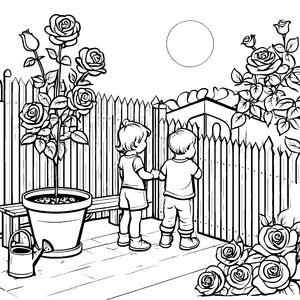Wunderschöner Blumenkübel mit strahlenden Rosen Ausmalvorlage für kreative Gärtnerkids