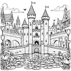 Prächtige Burg mit zauberhaftem Teich Ausmalvorlage für kreative Träumer