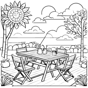 Gemütlicher Klapptisch im grünen Garten Ausmalbild für kreative Naturfreunde