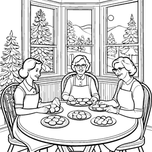 Gemütliches Keksebacken mit Oma und Enkelin Ausmalmotiv für kreative Weihnachtsfreunde