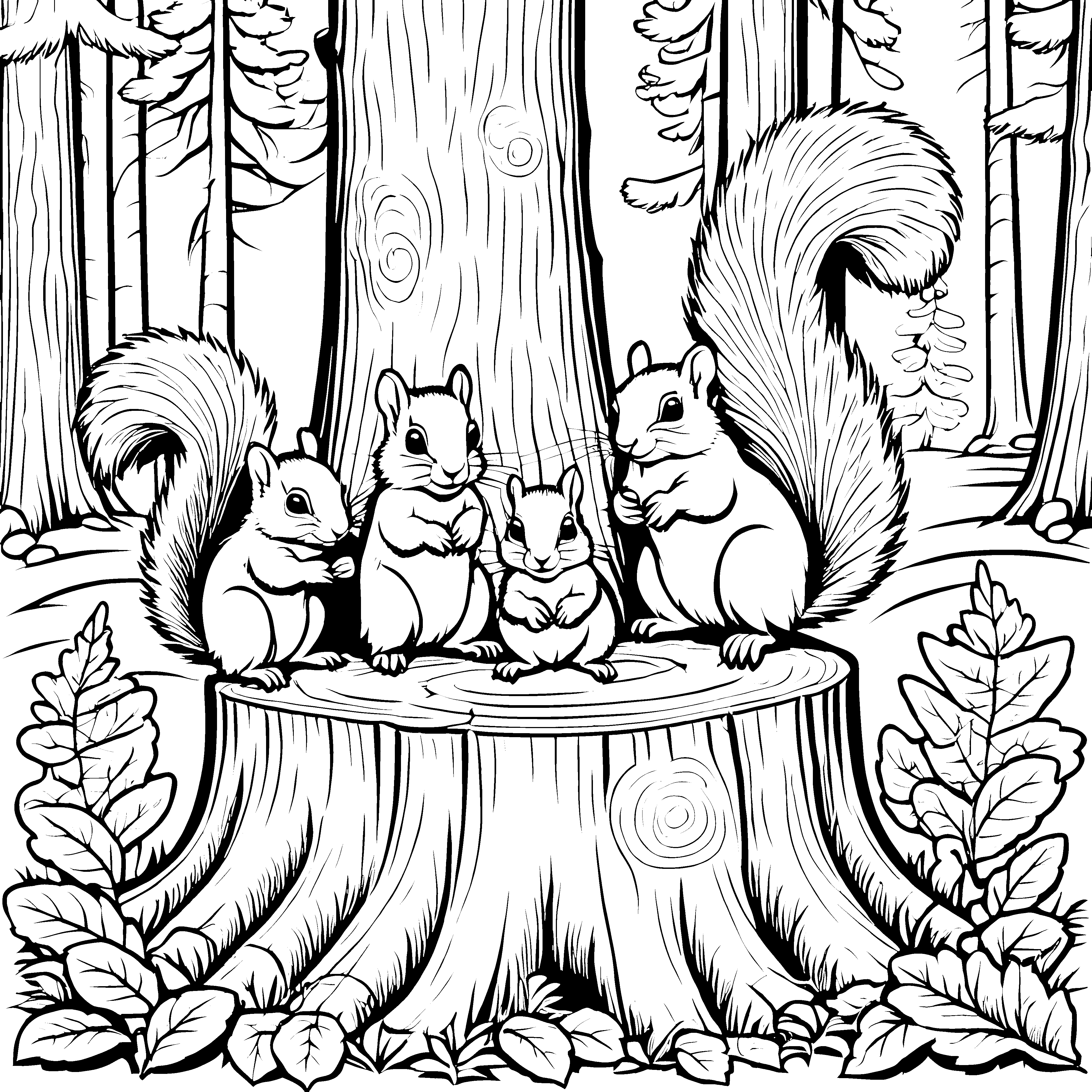 Fröhliche Eichhörnchen-Babys beim Nussknacken Ausmalbild für kleine Entdecker