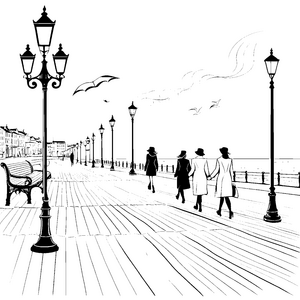 Elegante Damenmäntel an malerischer Strandpromenade Ausmalbild für stilvolle Modedesigner