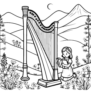 Fantasievolle Harfe mit singendem Mädchen Ausmalbild für musikalische Träumer